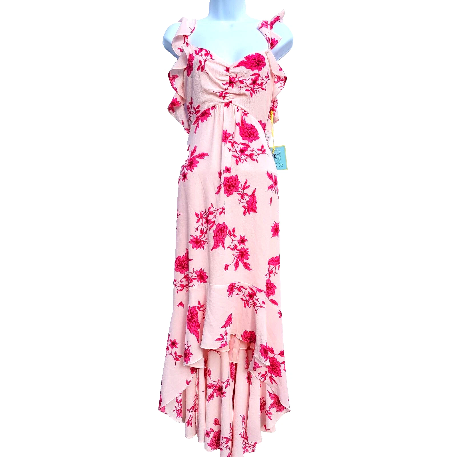 UNDERCOVER Abito CECE Taglia L Spalla Fredda Blush Segreto Floreale Primaverile Bouquet Increspato Hi Low