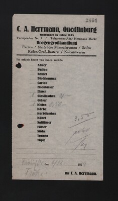 QUEDLINBURG, Brief 1929, C. A. Herrmann Drogen-Grosshandlung Farben Seifen