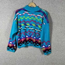 Vintage Gitano Sweater Womens Medium Blue Geometric Mock Neck Knit 90s Y2K Retro