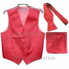 New Men's coral vest Tuxedo Waistcoat self tie bow tie and hankie set party prom