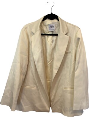 Zara Women Oversized Suit Jacket Blazer M L Ivory Satin Effect