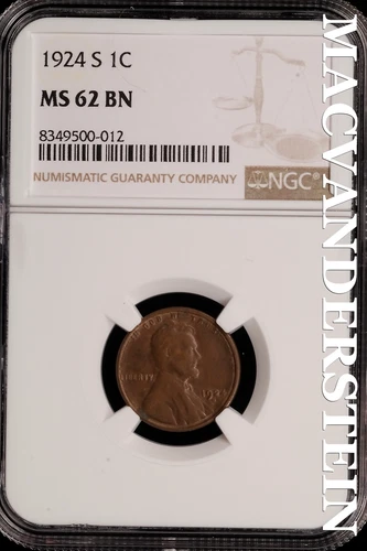 1924-S Lincoln Wheat Cent - NGC MS 62 BN - Scarce  No Reserve  #SLH81
