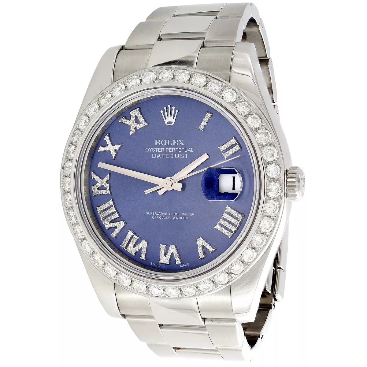 Mens DateJust II Rolex 116300 Diamond Watch 41mm Blue Roman Numeral Dial 3 CT