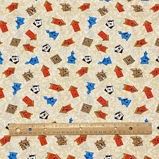 1.4 YD Birdhouse Toss Fabric Beige Cotton Print