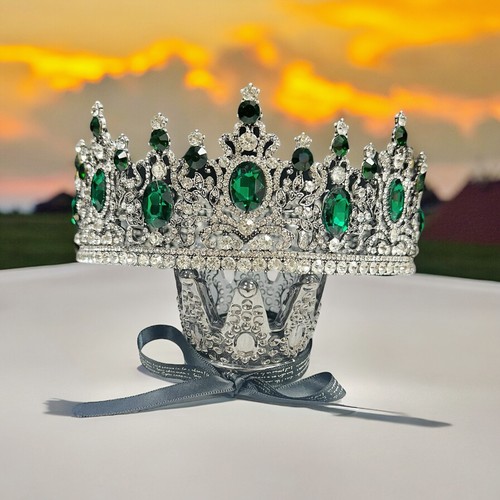 Royal Queen Crown, Green Crystal Crown, Silver Wedding Party Crown, Prom Crown - Picture 6 of 6