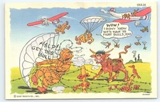 Postcard Military Humor Paratrooper Stuck in Barbed Wire Bull Fight WWII