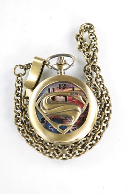 SUPERMAN Men Pocket Watch Stainless Steel Gold WR Battery 16 in Fob Chain  Quartz