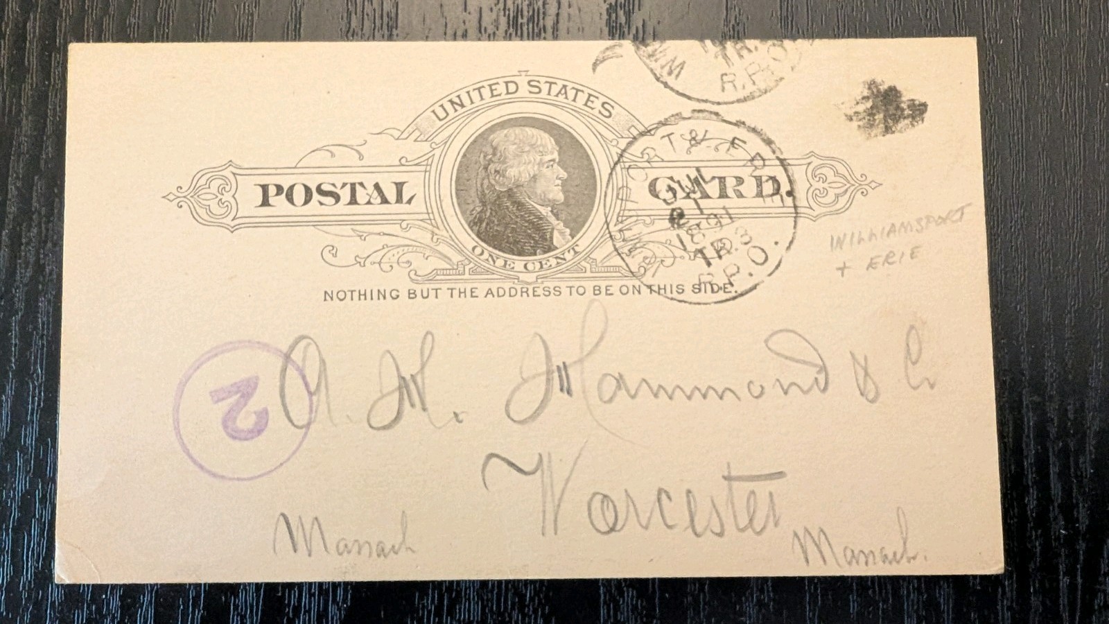 USA 1891 POSTAL STATIONARY CARD Williamsport & Erie RPO Worcester Massachusetts