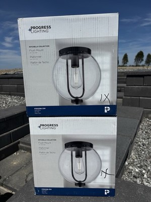 X2 Progress Lighting Mitchell Flush Mount Matte Black Glass Ceiling Light