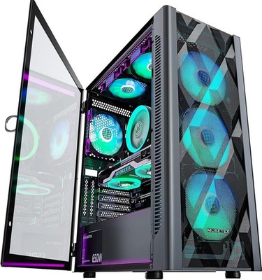ATX PC Gehäuse Schwarz mit 6 PWM ARGB Lüftern Glas Seitenteil Gaming Mid-Tower