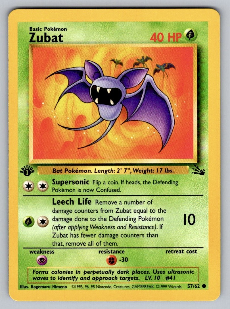 Zubat Common Pokemon Trading Card Game 1st Edition Fossil 57/62 NM
