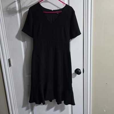 Ann Taylor Sheath Dress Women 8 Black V-Neck Short Sleeve Flounce Hem Career