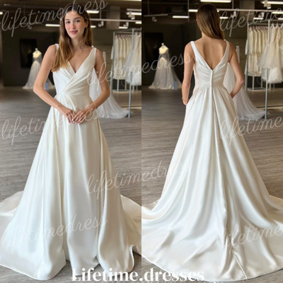 V Neck Wedding Dresses Satin Backless Sleeveless Elegant New Arrival Bridal Gown