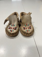 Vintage Handmade Beaded Leather Infant Baby Moccasins / Possible Doll Moccasins