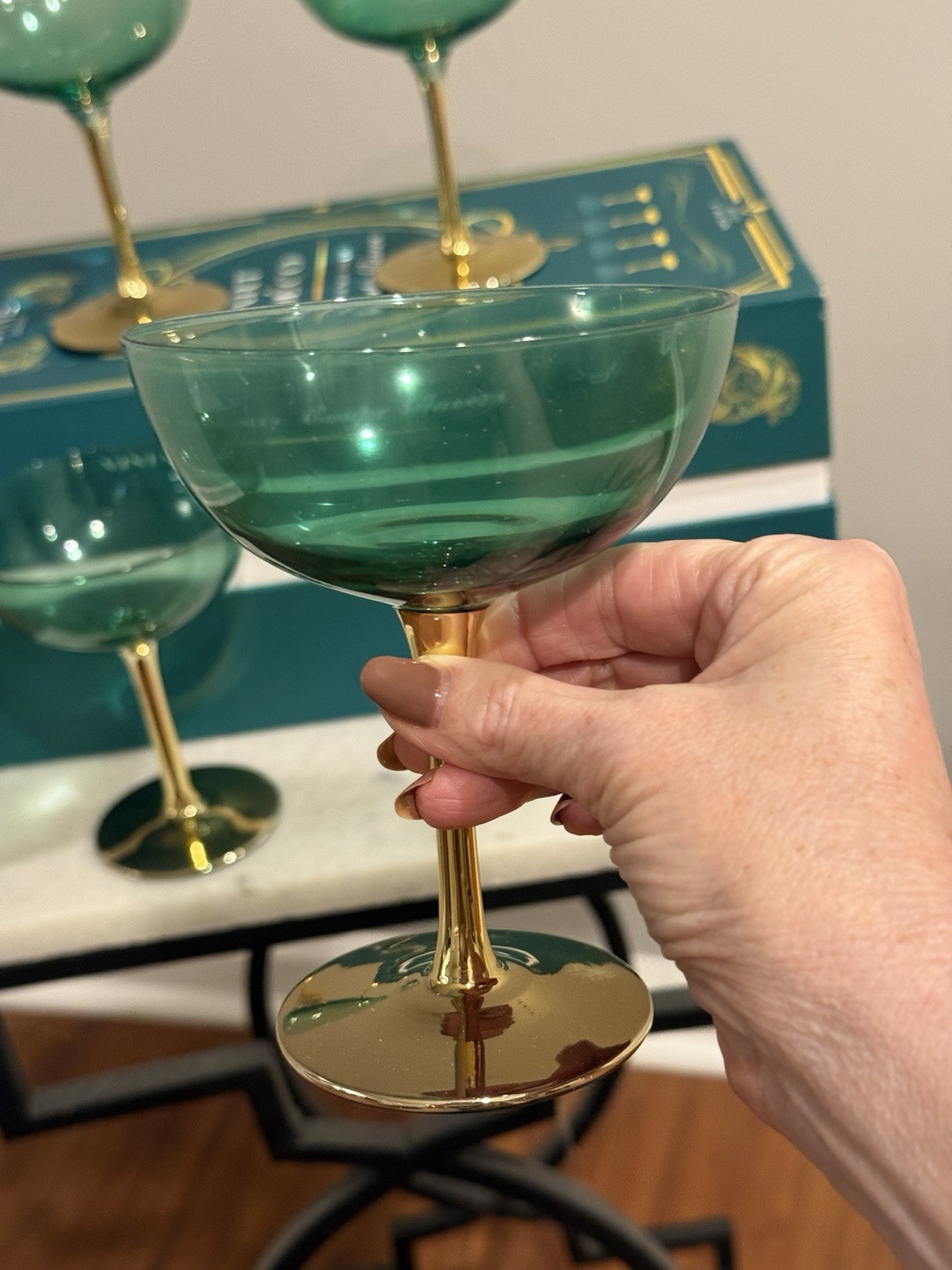 The Wine Savant Green Gold Coupe Art Deco Champagne Glasses Set Of 4 Gift Box