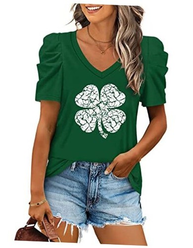 Womens Summer Shirt V Neck Casual Tshirts Puff Sleeve Tops for Small 00-clover
