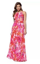Xscape Womens Printed Pleated Sleeveless Halter-Neck Gown 8 Red/Pink - NWT $249