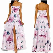 Xscape Pink White Green Floral Maxi Dress Long Side Slit Spaghetti Straps 2