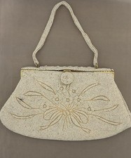Vintage White Beaded Evening Bag Purse Clutch Handbag Gold Frame Perfume Sifter