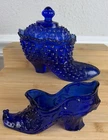 Lot 2 Vtg FENTON Glass Shoes Slippers Boots Cobalt Blue One Lid Hobnail READ