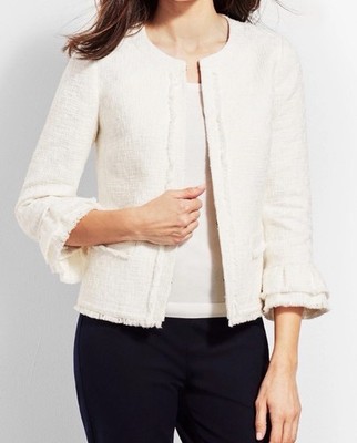 Talbots TWEED RUFFLE-SLEEVE JACKET white Size 4Petite NWT