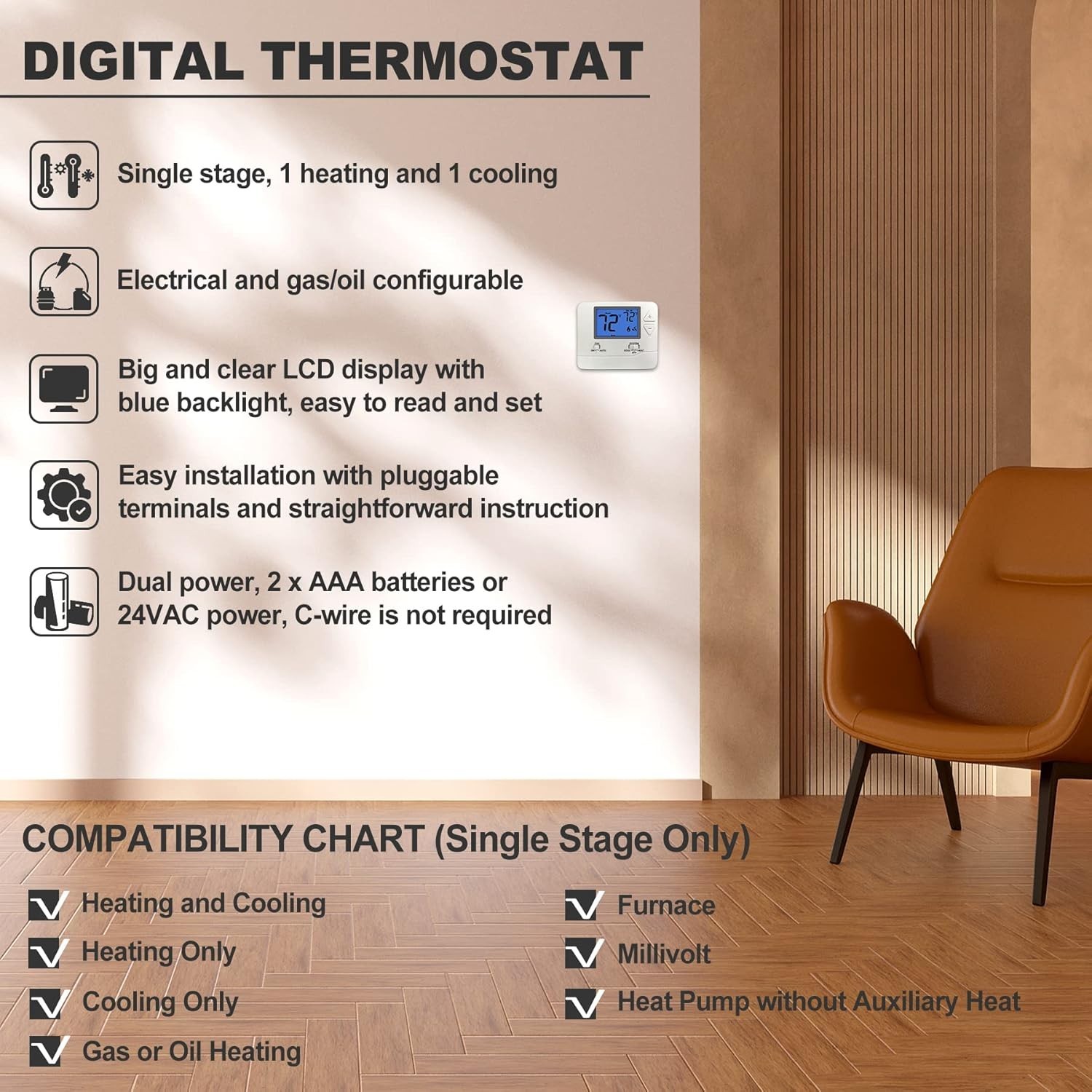 Non-Programmable Digital Thermostat for Home, up to 1 Heat/1 Cool with Large LCD