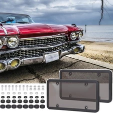 2x Unbreakable Clear License Plate Tag Shield Covers with Frame Auto + 8 Caps