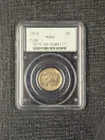 1913 Type 1 MS 64 PQ Buffalo Nickel PCGS OGH Old Green Holder Nicely Toned 5c