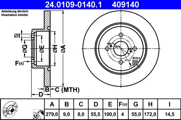 2X ATE Bremsscheibe 24.0109-0140.1 FüR Toyota Corolla NDE120_ NDE120R Vvtl-image
