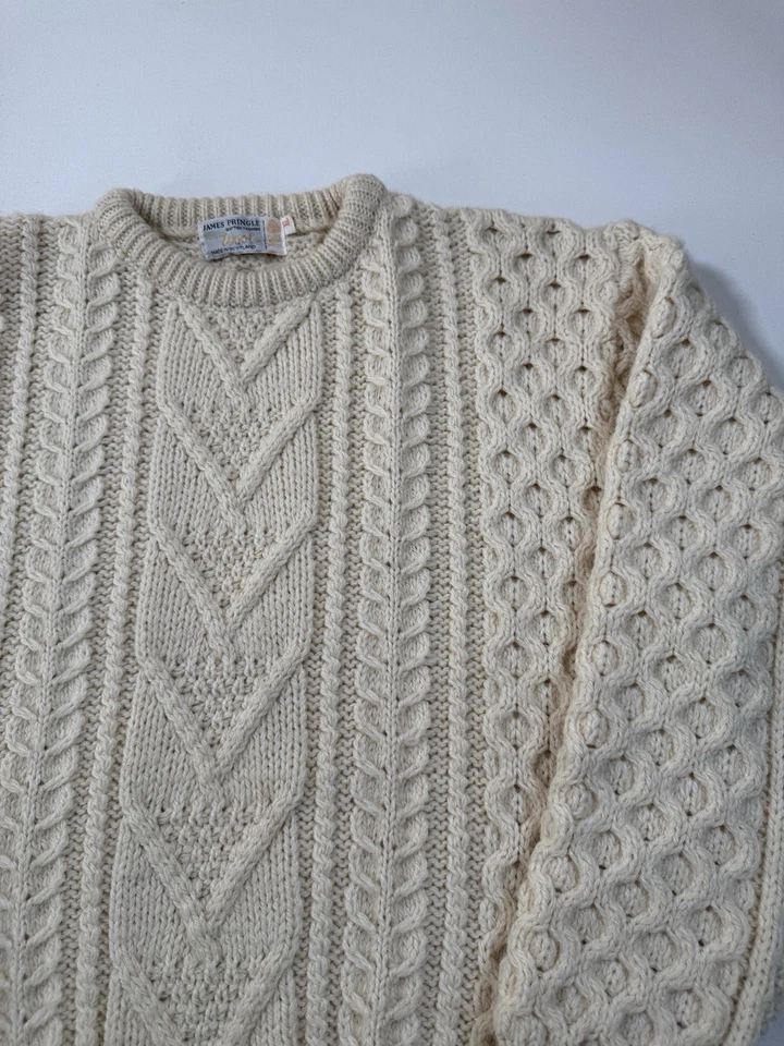 Suéter James Pringle Mujer XL Beige Lana Pescador Cable Tejido Grueso Escocia Foto 3 de 4