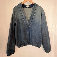 Nili Lotan Denim V-Neck Popover Pullover Sweatshirt Blouse Large Made in USA