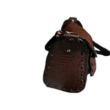 Women's Brown Embossed Shoulder Bag Black Strap Stitching Silver Hardware