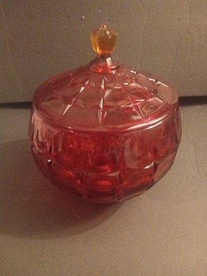 Tiara Indiana Glass Constellation Cookie Candy Bowl Dish Lid Glows Amberina Red