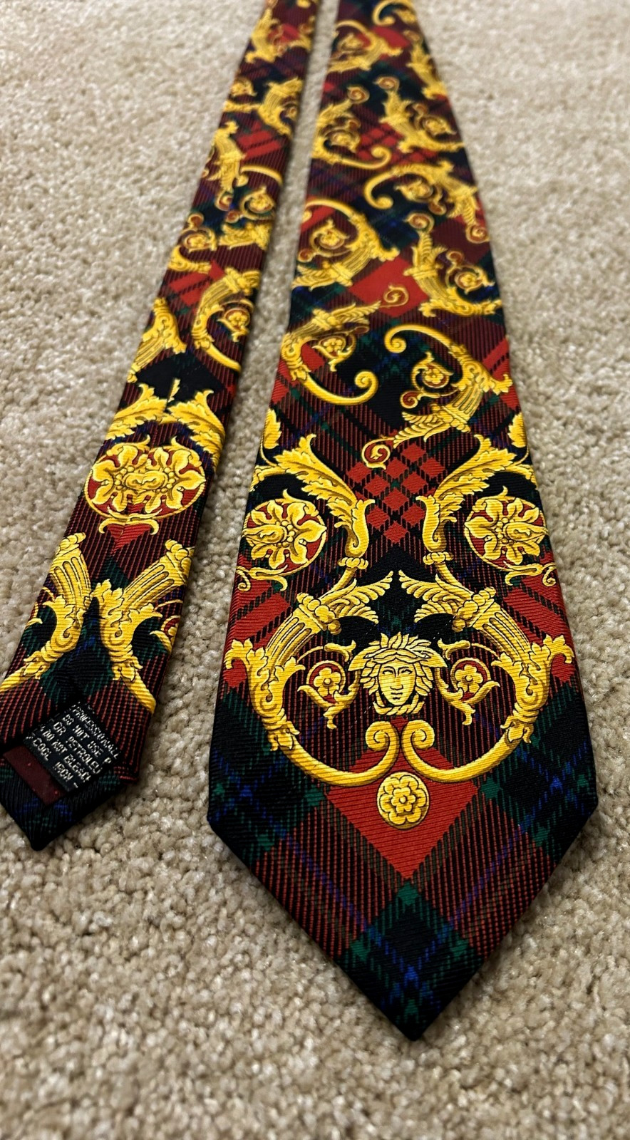 RARE GIANNI VERSACE VINTAGE '90s Plaid SILK TIE BAROQUE Medusa Head image 2