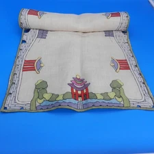 Vintage TABLE RUNNER 51" Cloth Hand Stitched Embroidered JAPAN Pagoda Themed