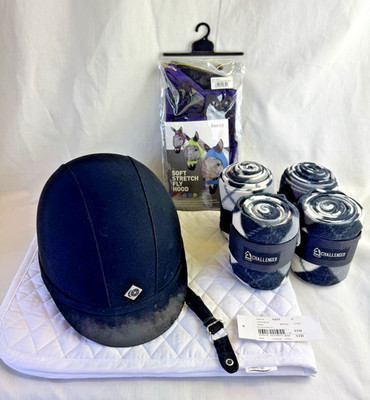 Lot:Charles Owen GR8 Riding Helmet Size 7 7/8 64, Leg Wraps, Fly Hood, Pad
