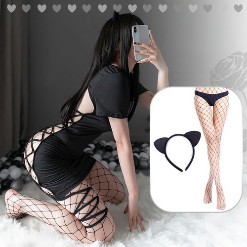 Lady Hollow Out Strappy Sheer Lingerie Bodycon Cocktail Party Mini Dress Lace Up - Picture 13 of 21