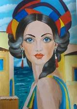 Portrait of a beautiful woman with blue eyes Original acrylic painting Ukrainian