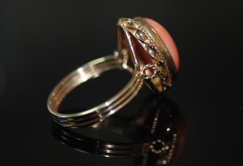 6.2ct Natural Salmon Coral Bezel Set Cabochon Solitaire Dinner Ring 14k YG - Picture 5 of 10