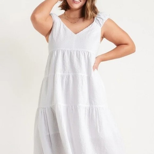 Old Navy White Fit u0026 Flare Tiered Seersucker All-Day Maxi Dress for Women |  eBay