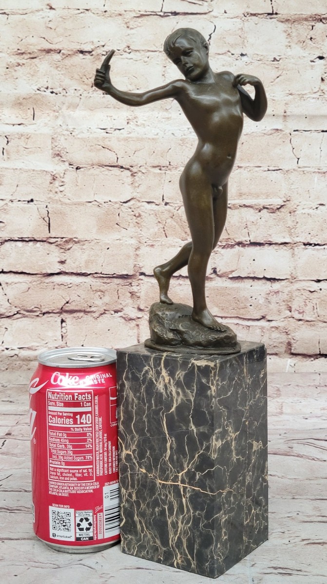 Signed Original Milo Nude Boy Sling Shot Bronze Statue Sculpture