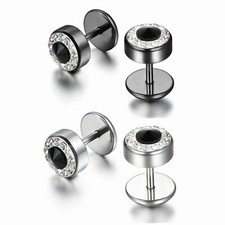 2pcs Men Women CZ Fake Cheater Barbell Dumbbell Stainless Steel Stud Earrings