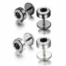 2pcs Men Women CZ Fake Cheater Barbell Dumbbell Stainless Steel Stud Earrings