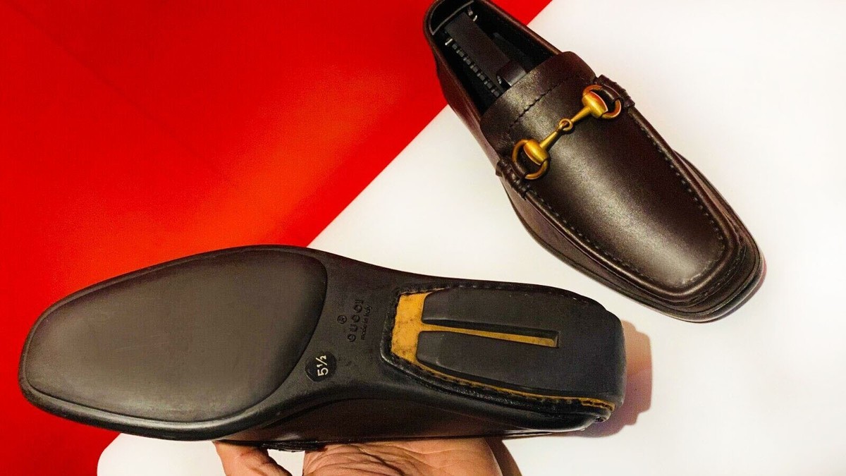 749.00 !! GUCCI ICONIC WOMEN BROWN LEATHER LOAFERS GOLD BITS SHOES