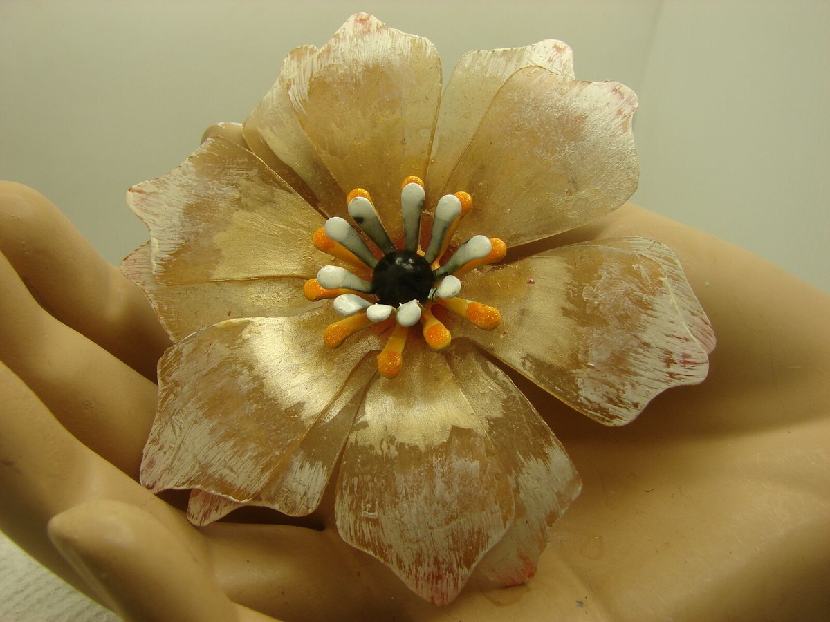 Floral Pink and Green Hippy Mod 1960’s enamel painted broch Choice Vintage Large Enamel Flower Brooch, Huge Eye Catching  main image 2