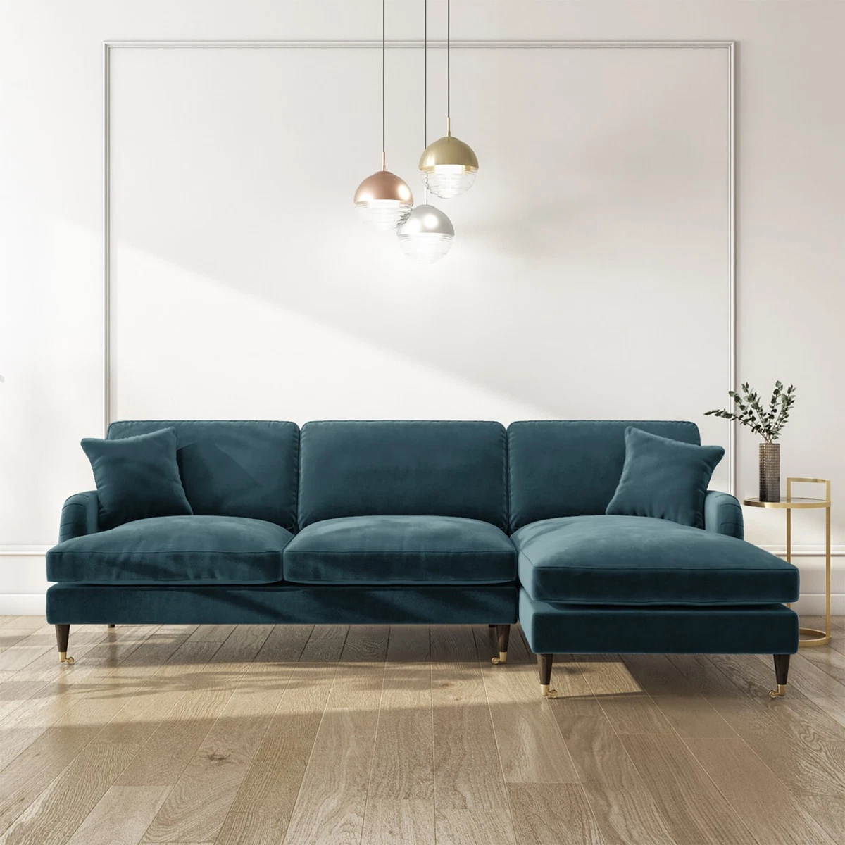 Blue Velvet L Shaped Sofa 3 Seater Right Hand Facing Saddle Arms