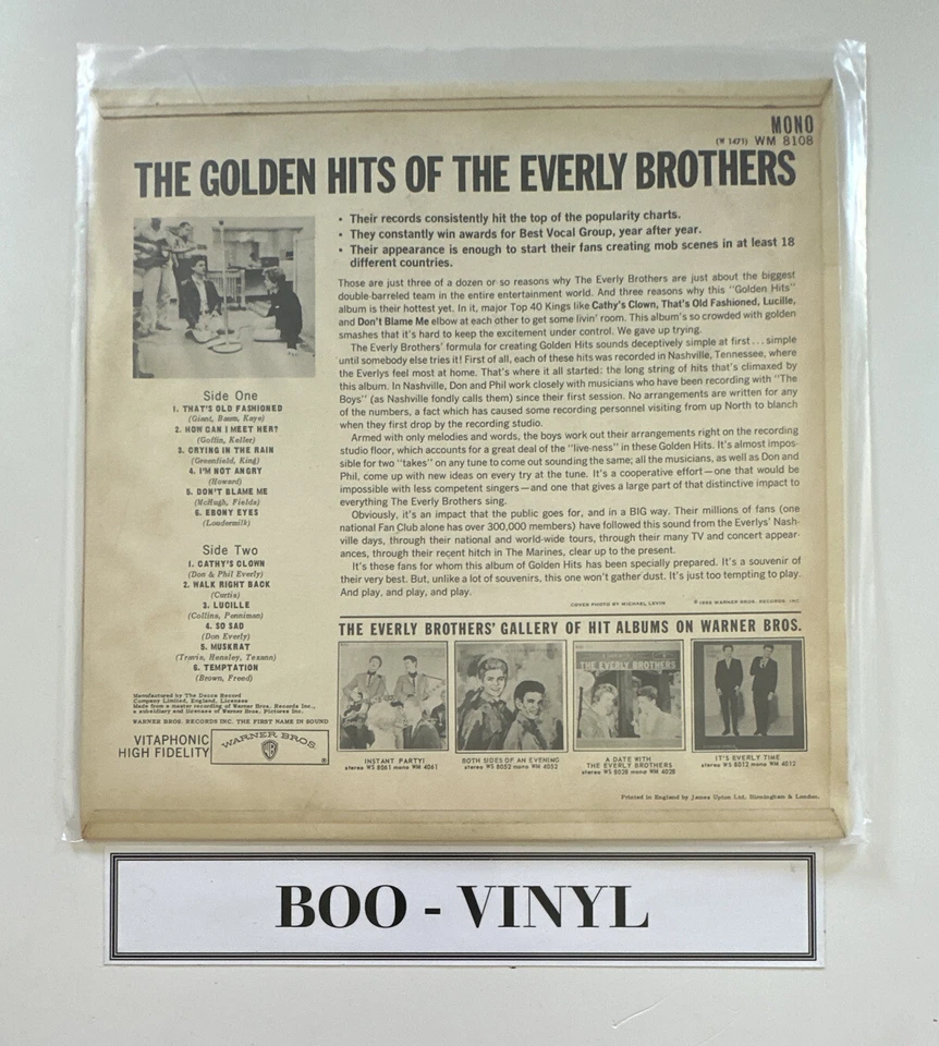 THE EVERLY BROTHERS The Golden Hits Of Vinyl Record Album LP Warner Bros EX - Image 2 of 4