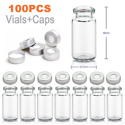 100Pcs 10mL Autosampler Round Bottom Clear Vials Crimp Top Caps White PTFE Glass
