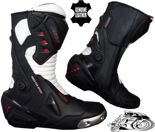 Mens Black \u0026 White Motorbike Motorcycle Armour Racing Sports Leather Shoes Boots