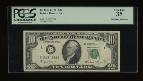 DBR 1981 $10 FRN Philadelphia Fr. 2025-C PCGS 35 Serial C14294752B - Picture 1 of 2